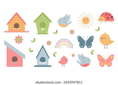 Spring or summer set. flat Vector illustration. birdhouses.