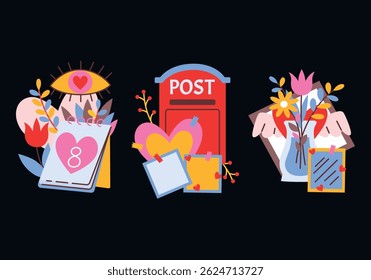 Spring and summer set of holiday compositions in retro cartoon style. Cute doodle illustrations in 80s-90s, trendy flat stickers for decor and printing. Greeting card, birthday, celebration, gift.