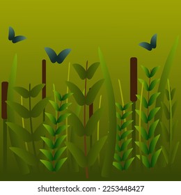 Jornadas de primavera o verano con praderas de hierbas silvestres y cañas. Hierbas de campo. Ilustración vectorial.