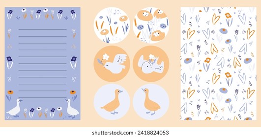 Spring or summer set of weekly planners . Kids schedule of classes. Notes and to do list. Memo pages with goose,birds, flowers. Easter. Timetable design with animals. Organizer sheets