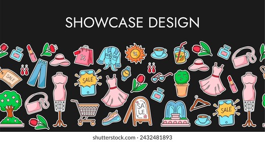 Spring or summer showcase design. Сlothes, shoes, accessories, flowers seamless border of bright stickers for pasting shop windows.