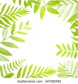 Spring and summer square frame with bright green tropical leaves. Vector watercolor illustration. Backdrop for seasonal sales, promo, announcements, etc.