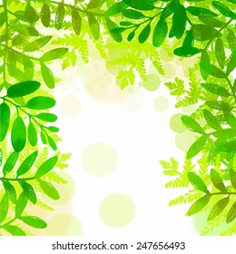 Spring and summer square frame with bright green tropical leaves. Vector watercolor illustration. Backdrop for seasonal sales, promo, announcements, etc.