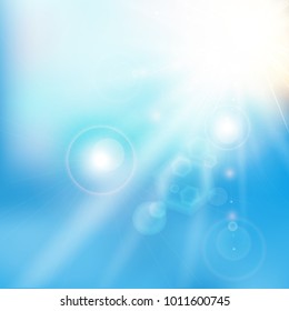 Spring summer sunlight flare abstract blue sky color background. Vector illustration
