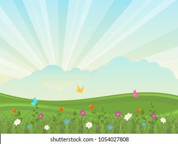 Spring and summer sunny landscape with flowers and butterflies. Vector illustration.