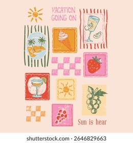 spring summer t shirt graphics design. palm tree, cocktail glass, ice cream, strawberry use this print. women's, girls summer graphic tee art. hand drawing vacation tee shirt graphics in - vector