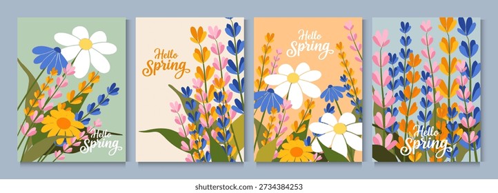 Spring and summer templates with beautiful blossom flowers and nature.set of cards with cute meadow flowers. Floral botanical for holiday  poster, invitation, social media post, Mother's Day, Easter.