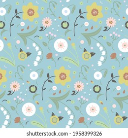 Spring and summer texture for your design, wrapping paper, textile, print, web. Daffodil, lily of the valley, chamomile, dandelions, daisies on blue background. Light and delicate pattern. Vector