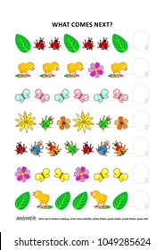 Spring or summer themed educational logic game training sequential pattern recognition skills with chicks, insects, flowers, green leaves: What comes next in the sequence? Answer included.