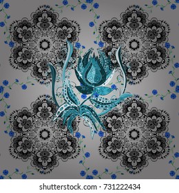 Spring summer time. Gentle romantic print. Holidays mood. Vector seamless cute flower pattern. Flowers on gray, black and blue colors.