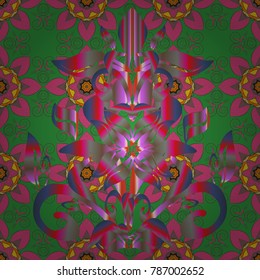 Spring summer time. Gentle romantic print. Vector seamless cute flower pattern. Flowers on green, pink and violet colors. Holidays mood.