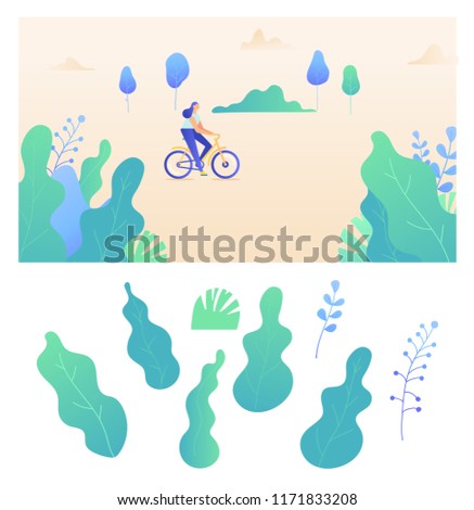 Spring and summer time, nature landscape. Leaves background. Girl riding a bicycle in park. Flat design, cartoon style illustration.
