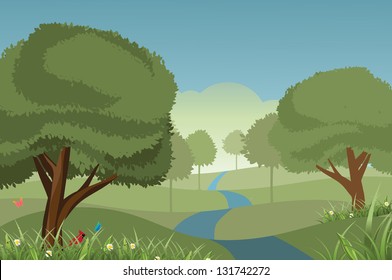 Spring and Summer Tree Landscape. EPS 8 vector, grouped for easy editing. No open shapes or paths.