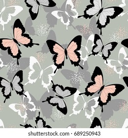 Spring   summer tropical butterfly seamless pattern in pastel colors  Butterfly shadows   silhouettes 