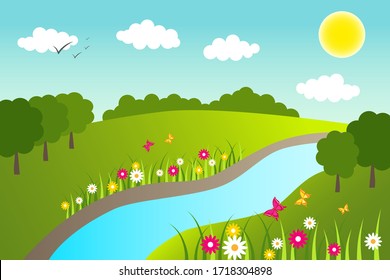 Spring and summer valley and river background vector illustration.