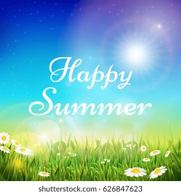 Spring and summer vector background with green grass and bright sunshine sky