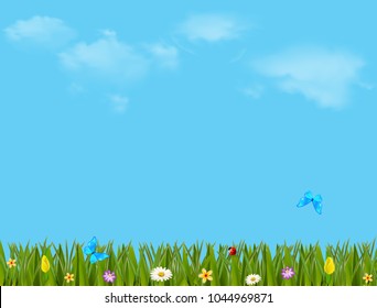 Spring Or Summer Vector Cartoon Colorful  Illustration With Beautiful Meadow Field With Green Grass, Vibrant Flowers And Butterflies On Blue Cloudy Sky Background With Empty Copy Space For Text. 