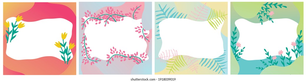 Spring and summer vector collection of blanks for banners, signs. Trendy gentle gradients with tropical plants. Floral templates for social media posts, mobile apps, design and advertising. Isolated