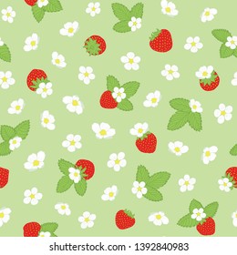 Spring and Summer vector floral strawberry seamless pattern with leaves and flowers. Gentle blossom design is perfect for kitchen and garden projects, summer textile, accessories, wrapping paper.