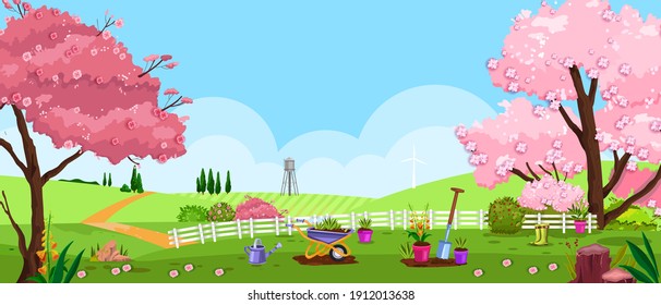 Spring, summer vector garden, backyard nature landscape with blossom sakura tree, fence, grass, meadow. Rustic, countryside, rural scene, background with equipment. Spring garden, lawn panoramic view