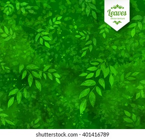 Spring and summer vector grunge green watercolor background with leaves and tree branches.