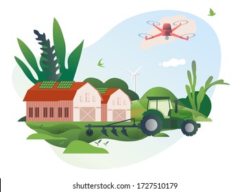 Spring and summer. Vector illustration of a Smart farm with wireless management, ranch, rural scene, farming, animal husbandry. High technologies and innovations. Scientific research.