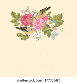 Tarjeta vectorial de verano de primavera al estilo victoriano. Composición de flores coloridas sobre un fondo beige. Rosas, pájaros, mariposas. Elemento de diseño.