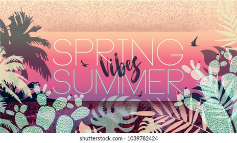 Spring Summer Vibes. Collection 2018. Banner. Floral card. Spring blossom. Text. Seasonal holiday. Sale Poster, voucher discount. Fashion Memphis style background or wallpaper