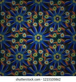 Spring and summer vintage floral background in black, gray and blue colors. Beautiful vector texture. Seamless pattern with elegance abstract blooming flowers.