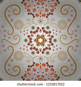 Spring and summer vintage floral background in green, magenta and white colors. Seamless pattern with elegance abstract blooming flowers. Beautiful vector texture.