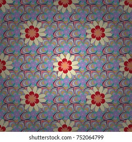 Spring and summer vintage floral background in beige, pink and blue colors. Beautiful vector texture. Seamless pattern with elegance abstract blooming flowers.