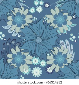 Spring and summer vintage floral background in red, blue and black colors. Beautiful vector texture. Seamless pattern with elegance abstract blooming flowers.