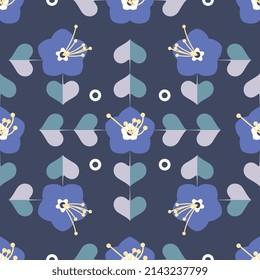 Spring summer violet flowers pattern. Floral background for  fabric, wallpaper, print. Botanical texture. Seamless  background with beautiful blue wildflowers. Vector abstract geometric pattern. 