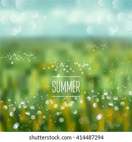 Spring and summer watercolor Blurry green field and blue sky Vector illustration. background with shining sparks and bokeh. Vector Illustration, Graphic Design Editable For Your Design. 