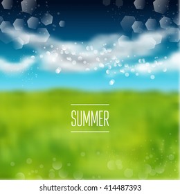 Spring and summer watercolor Blurry green field and blue sky Vector illustration. background with shining sparks and bokeh. Vector Illustration, Graphic Design Editable For Your Design. 