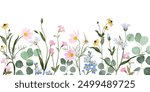 Spring and summer watercolor flower background vector. Watercolor hand painted botanical floral, daisy, wildflower, eucalyptus leaves. Design for wallpaper, poster, banner, card, print, website.