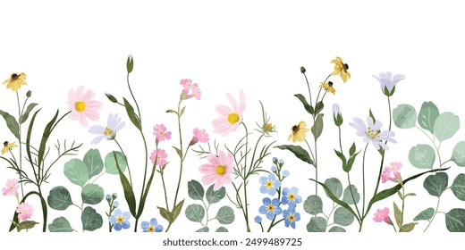 Spring and summer watercolor flower background vector. Watercolor hand painted botanical floral, daisy, wildflower, eucalyptus leaves. Design for wallpaper, poster, banner, card, print, website.