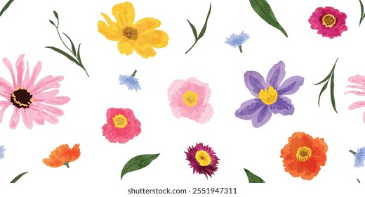 primavera e verão aquarela padrão de flor vetor de fundo sem emenda. Aquarela pintada à mão floral botânica, margarida, flor silvestre, folhas de eucalipto. Design para papel de parede, banner, impressão, site.