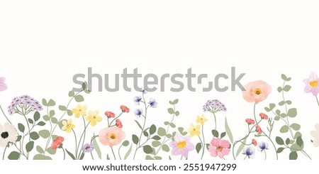 Spring and summer watercolor flower pattern seamless background vector. Watercolor hand painted botanical floral, daisy, wildflower, eucalyptus leaves. Design for wallpaper, banner, print, website.