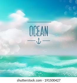 Spring and summer watercolor ocean background with shining sparks and bokeh. Vector Illustration, Graphic Design Editable For Your Design. 