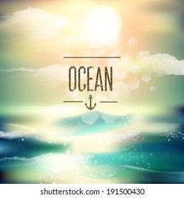 Frühlings- und Sommerwasserfarbe Ozean Hintergrund mit leuchtenden Funken und Bokeh. Vektorgrafik, grafisches Design, das für Ihr Design bearbeitet werden kann. 