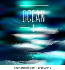 Spring and summer watercolor ocean background with shining sparks and bokeh. Vector Illustration, Graphic Design Editable For Your Design. 