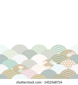 spring and summer wave blue grey white green pink brown colors card banner design for text abstract scales simple Nature background with japanese circle pattern space for text. Vector