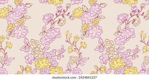 Patrón sin fisuras de pradera silvestre de primavera o verano. Líneas estilizadas abstractas ramas de flores modeladas sobre un fondo claro. Vector dibujado a mano. Collage para impresión, diseño, tela