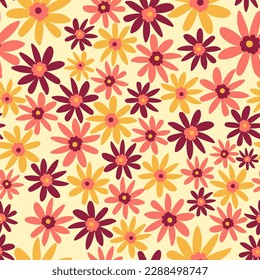 Spring or summer wildflowers in blossom, blooming flora, botany and decoration. Flowers with tender petals and foliage. Seamless pattern, wallpaper, or background print. Vector in flat style
