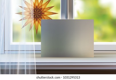 Spring summer window photo realistic vector mock up.