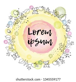 Spring and summer wording with floral elements and watercolor spots on background. Romantic greeting card on white background
