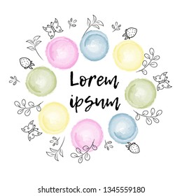 Spring and summer wording with floral elements and watercolor spots on background. Romantic greeting card on white background