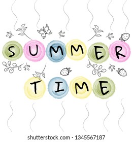 Spring and summer wording with floral elements and watercolor spots on background. Romantic greeting card on white background