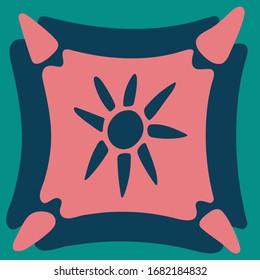 Spring sun folk doodle art square tile. Scandinavian style with traditional geometric shapes in pink, blue and green colors. Folklore cliparts elements for notebook, tile, napkins, coasters, postcard